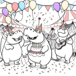 A black and white line drawing illustration of a whimsical hippo birthday party set in a circus
