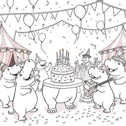 A black and white line drawing illustration of a whimsical hippo birthday party set in a circus