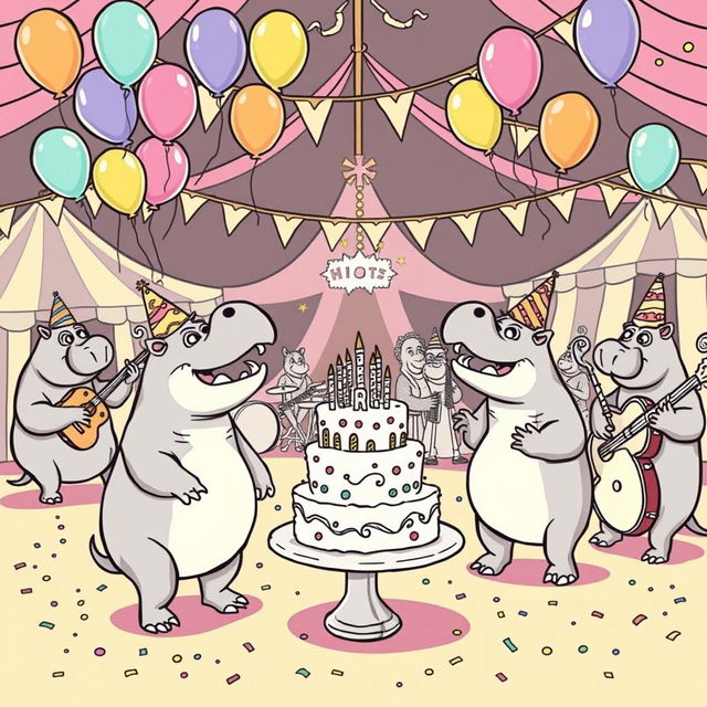 A black and white line drawing illustration of a whimsical hippo birthday party set in a circus