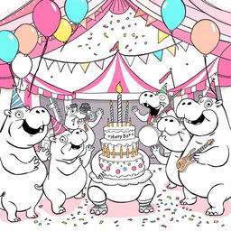 A black and white line drawing illustration of a whimsical hippo birthday party set in a circus