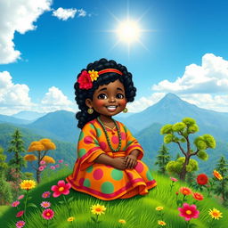 A cheerful and plump dark-skinned girl wearing a colorful traditional outfit, sitting on a lush green mountain surrounded by vibrant flowers and trees