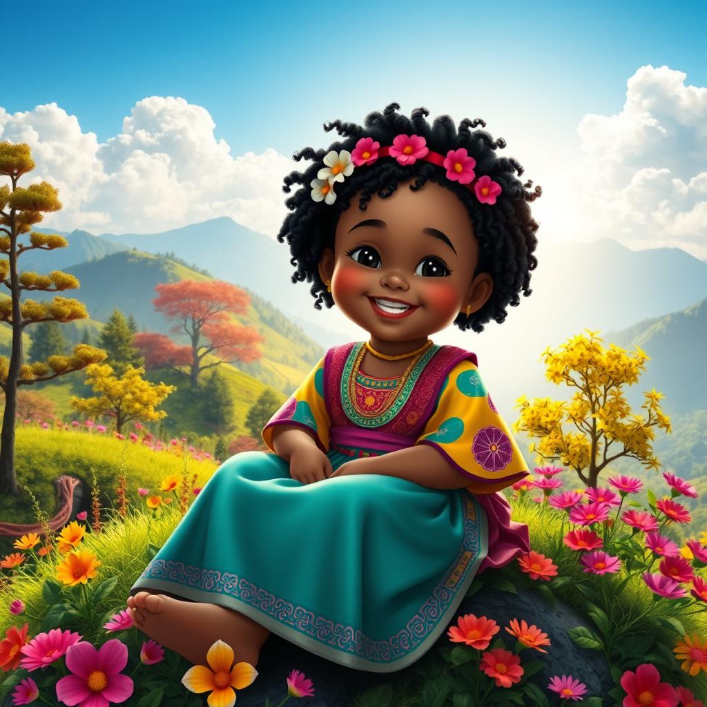 A cheerful and plump dark-skinned girl wearing a colorful traditional outfit, sitting on a lush green mountain surrounded by vibrant flowers and trees