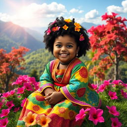 A cheerful and plump dark-skinned girl wearing a colorful traditional outfit, sitting on a lush green mountain surrounded by vibrant flowers and trees