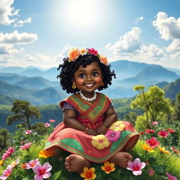 A cheerful and plump dark-skinned girl wearing a colorful traditional outfit, sitting on a lush green mountain surrounded by vibrant flowers and trees