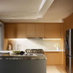 A modern kitchen with sleek cabinetry, stainless steel appliances, and an elegant kitchen island centered in the middle, illuminated by ambient natural light.