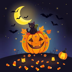 A whimsical Halloween-themed illustration featuring a bright orange pumpkin with a mischievous face, adorned with colorful autumn leaves and small, playful decorations