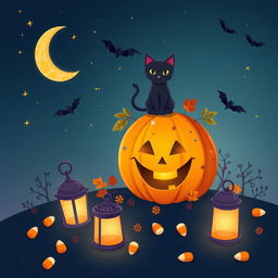 A whimsical Halloween-themed illustration featuring a bright orange pumpkin with a mischievous face, adorned with colorful autumn leaves and small, playful decorations