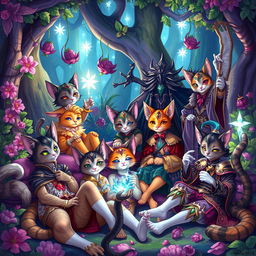 A fantastical scene featuring anthropomorphic cat-like people in a vibrant, colorful fantasy setting