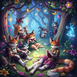 A fantastical scene featuring anthropomorphic cat-like people in a vibrant, colorful fantasy setting