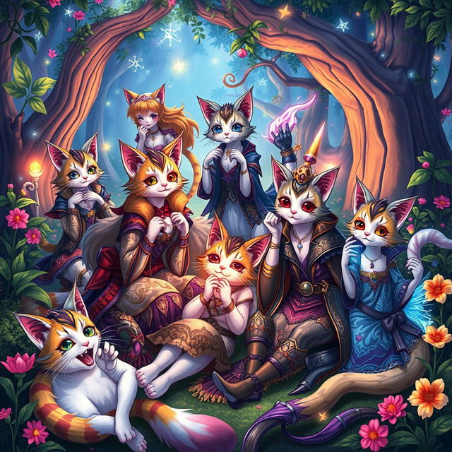 A fantastical scene featuring anthropomorphic cat-like people in a vibrant, colorful fantasy setting