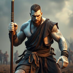 A striking stone goliath battle monk, poised in a serious battle stance, embodies the essence of martial discipline and strength