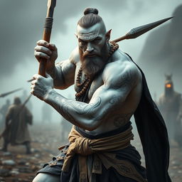 A striking stone goliath battle monk, poised in a serious battle stance, embodies the essence of martial discipline and strength