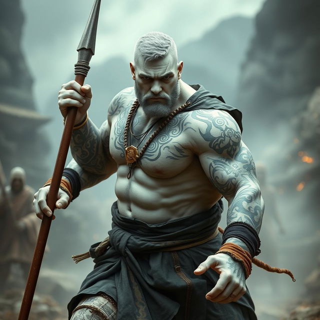 A striking stone goliath battle monk, poised in a serious battle stance, embodies the essence of martial discipline and strength