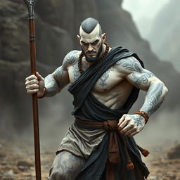 A striking stone goliath battle monk, poised in a serious battle stance, embodies the essence of martial discipline and strength