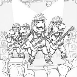 A dynamic black and white line drawing illustration of five hippos performing in an 80's metal hair band on stage