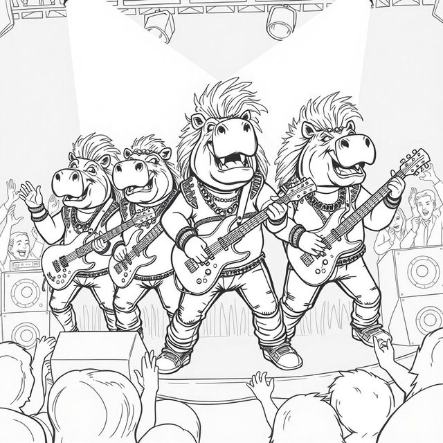 A dynamic black and white line drawing illustration of five hippos performing in an 80's metal hair band on stage