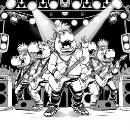 A dynamic black and white line drawing illustration of five hippos performing in an 80's metal hair band on stage