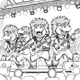 A dynamic black and white line drawing illustration of five hippos performing in an 80's metal hair band on stage