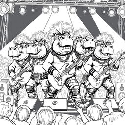 A dynamic black and white line drawing illustration of five hippos performing in an 80's metal hair band on stage