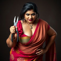 A sexy hot busty milf aunty dressed in a vibrant saree and a low-cut blouse, bent forward in a commanding and alluring pose