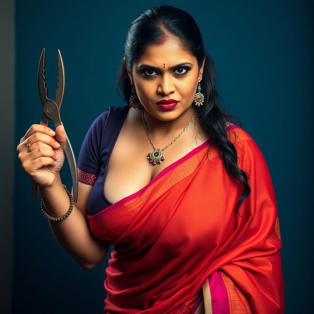 A sexy hot busty milf aunty dressed in a vibrant saree and a low-cut blouse, bent forward in a commanding and alluring pose