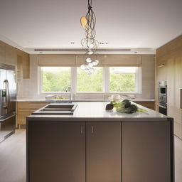 A modern kitchen with sleek cabinetry, stainless steel appliances, and an elegant kitchen island centered in the middle, illuminated by ambient natural light.