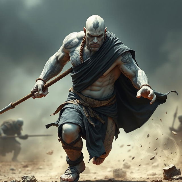 A formidable stone goliath battle monk, captured in a serious battle stance, exemplifying strength and discipline