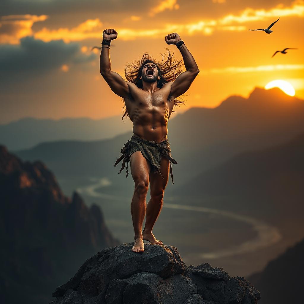 A powerful, muscular warrior standing atop a rocky outcrop, striking a fierce pose while shouting triumphantly into the sky