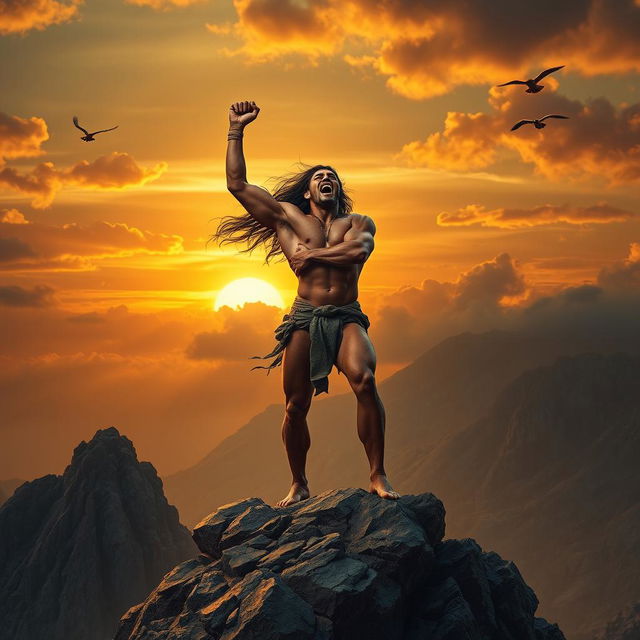 A powerful, muscular warrior standing atop a rocky outcrop, striking a fierce pose while shouting triumphantly into the sky