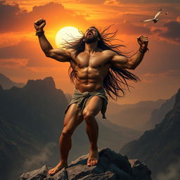 A powerful, muscular warrior standing atop a rocky outcrop, striking a fierce pose while shouting triumphantly into the sky
