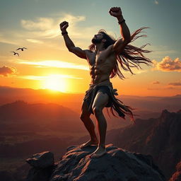 A powerful, muscular warrior standing atop a rocky outcrop, striking a fierce pose while shouting triumphantly into the sky