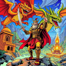 A dynamic and colorful comic book-style image featuring Rostam, a heroic figure from Persian mythology, in traditional armor wielding a sword, poised for action
