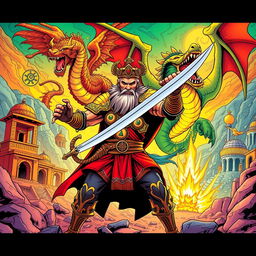 A dynamic and colorful comic book-style image featuring Rostam, a heroic figure from Persian mythology, in traditional armor wielding a sword, poised for action