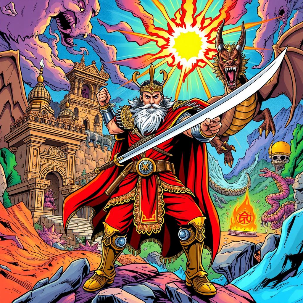 A dynamic and colorful comic book-style image featuring Rostam, a heroic figure from Persian mythology, in traditional armor wielding a sword, poised for action