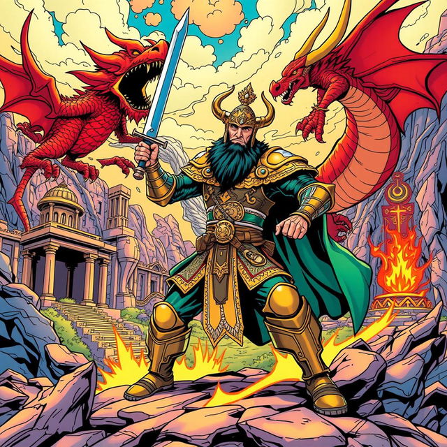 A dynamic and colorful comic book-style image featuring Rostam, a heroic figure from Persian mythology, in traditional armor wielding a sword, poised for action