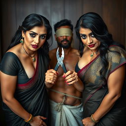 Two sexy, hot, busty MILF aunts in elegant sarees with low cut blouses, bent forward in a suggestive pose