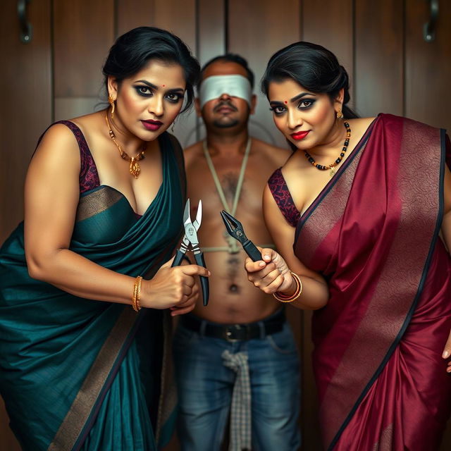 Two sexy, hot, busty MILF aunts in elegant sarees with low cut blouses, bent forward in a suggestive pose