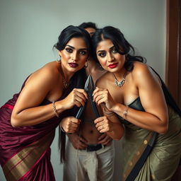 Two sexy, hot, busty MILF aunts in elegant sarees with low cut blouses, bent forward in a suggestive pose
