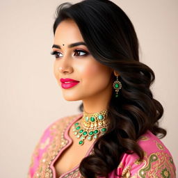 A portrait of a woman with long, wavy dark brown hair, elegantly cascading over her shoulder