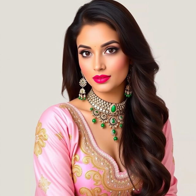 A portrait of a woman with long, wavy dark brown hair, elegantly cascading over her shoulder