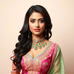 A portrait of a woman with long, wavy dark brown hair, elegantly cascading over her shoulder