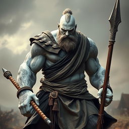 A powerful stone goliath battle monk is depicted in a focused battle stance, radiating determination and strength