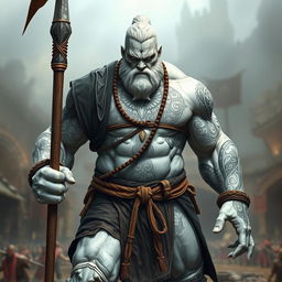 A powerful stone goliath battle monk is depicted in a focused battle stance, radiating determination and strength