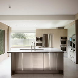 A modern kitchen with sleek cabinetry, stainless steel appliances, and an elegant kitchen island centered in the middle, illuminated by ambient natural light.