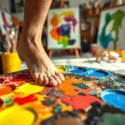 A close-up view of a vibrant artist's palette, filled with an array of colorful paints, some of which are splattered and mixed together