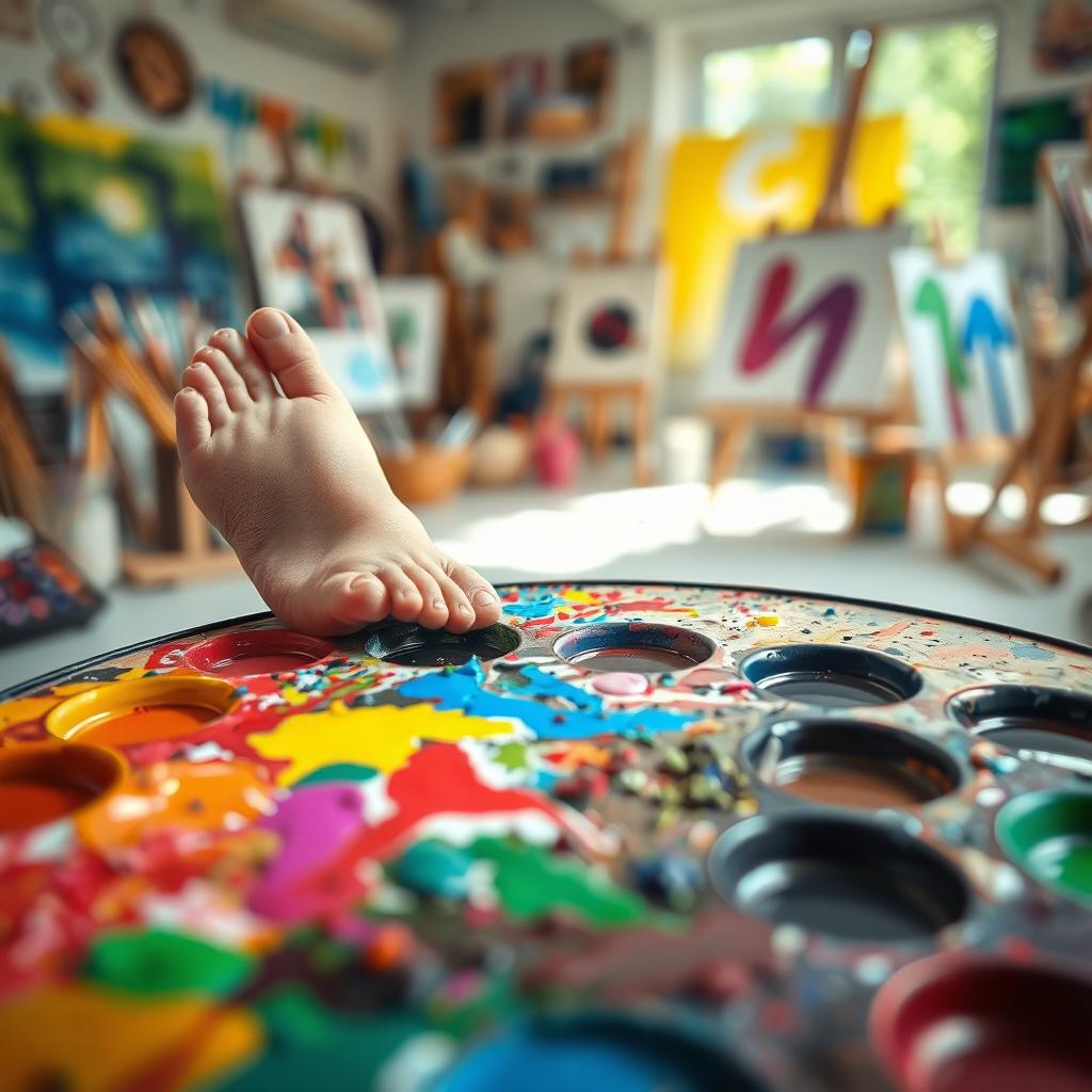 A close-up view of a vibrant artist's palette, filled with an array of colorful paints, some of which are splattered and mixed together