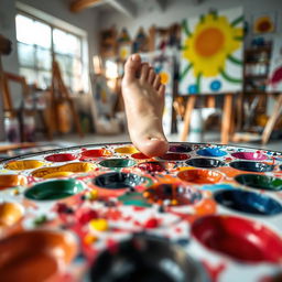 A close-up view of a vibrant artist's palette, filled with an array of colorful paints, some of which are splattered and mixed together