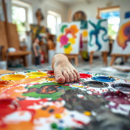 A close-up view of a vibrant artist's palette, filled with an array of colorful paints, some of which are splattered and mixed together
