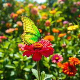 A beautiful green butterfly perched delicately on a vibrant flower, its iridescent wings shimmering under soft sunlight
