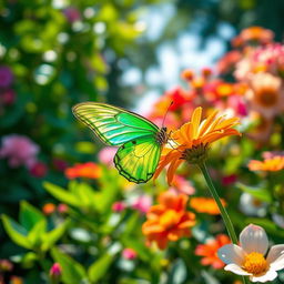 A beautiful green butterfly perched delicately on a vibrant flower, its iridescent wings shimmering under soft sunlight